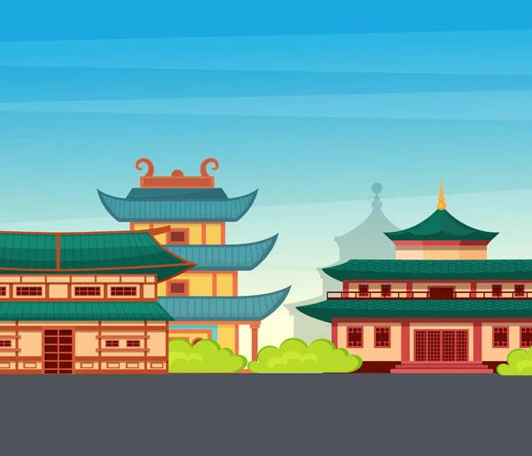 传统的中国人 亚洲街道上有中国建筑 中国城镇地标景观 日本建筑 新年快乐贺卡传送器 — 图库矢量图片