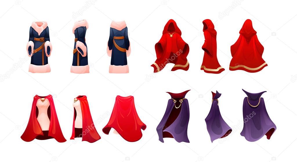 Realistic magic red cape of cloak costume, Dracula vampire carnival costume, women superhero, military leader, princely commander. Carnival medieval king cloak. Clothing front back behind view vector