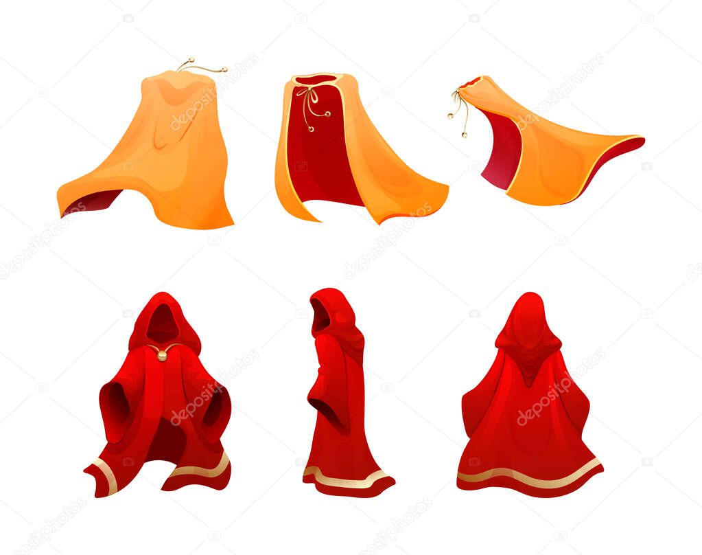 Realistic magic red cape of cloak costume, mantle of magician, mysterious costume. Realistic woman cape of cloak costume, women superhero. Superhero red cape, scarlet fabric silk cloak vector