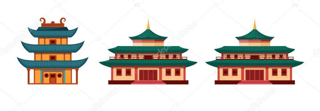 Traditional chinese buildings, asian architecture chinatown. China townscape with pagoda, temple, house. China town city landmarks landscape, Japan building architecture palace pagoda cartoon vector