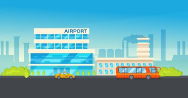Havaalanı terminali binası, uçaklar, taksi, araba, yükleyici. Pistteki uçak şehir manzarası arka planında. Modern mimari yapı havaalanı. Toplu taşıma, taksi arabaları vektör illüstrasyonu