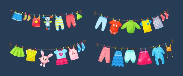 Des Vêtements Bébé Accrochés Une Corde Linge Séchage Des Vêtements — Image vectorielle