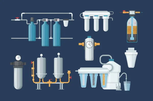 Water filter, filtration. Cleaning system, drink cooler, cartridges, jug with filter, motor pump. Filtering clean water drink in bottle processes, purified liquid with help special technologies vector — Stock Illustration Water Filter Filtration Cleaning System Drink Cooler Cartridges Jug Filter Vector Graphics