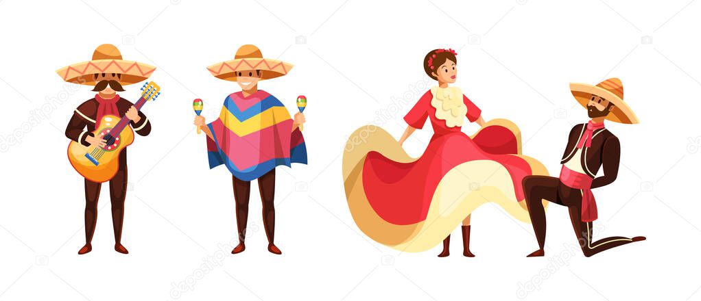 Mens with guitars in traditional clothes costume, sombrero, poncho, playing on guitar and maracas. Girl in beautiful dress and man in suit, dancing traditional dance cartoon vector.