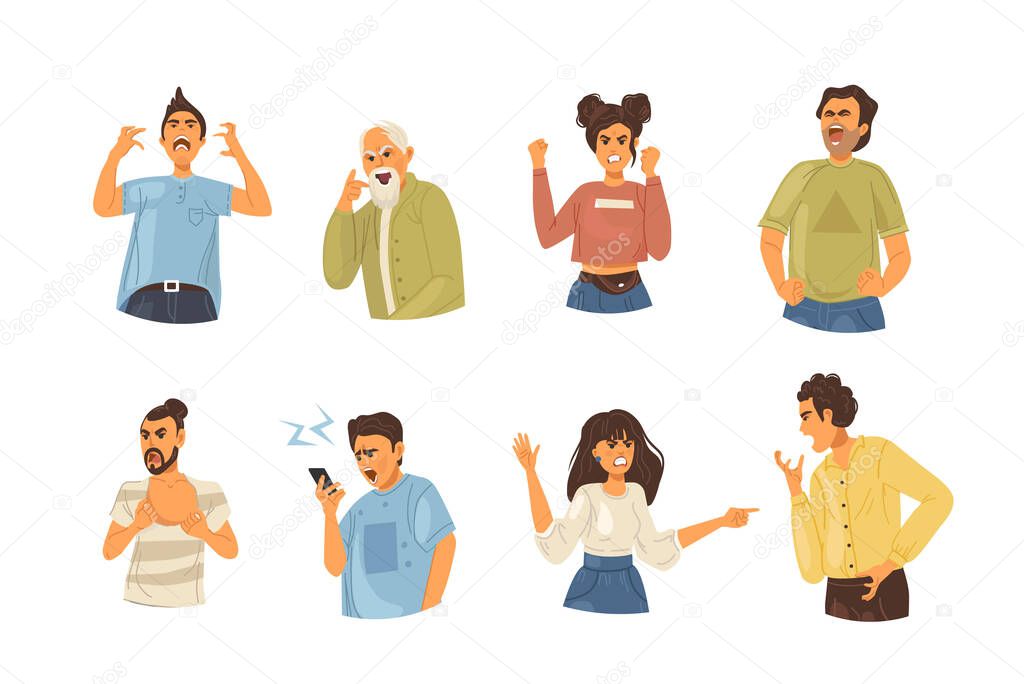 Angry people person. Conflict colleagues, disagreements, negative emotions, aggressively emotionally relationship people. Elderly, couple quarrel, quarrel between husband,wife, friends cartoon vector
