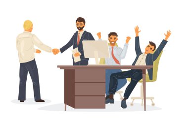 İnsanlar çözülen sorunun başarısına seviniyor, projeleri düşünüyor, ortaklığı tartışıyor. Takım çalışması, tatil, hedeflere ulaşma. İş ortakları olasılıkları tartışır. Vektör illüstrasyonu.