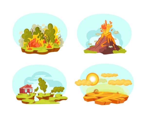 Natural Disasters Set Wild Landscape Volcanic Eruption Earthquake Forest Fires — Stock Vector