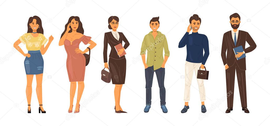 Business team, different successful businesswoman and businessmen. Confident people standing together. Office workers, staff employees cartoon vector
