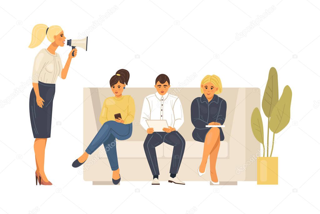 Staff search. Recruiting for business, job hiring, search for an employee for vacant position. Unemployed people in crisis, sit in line for an interview on vacant job. Headhunting, recruitment vector