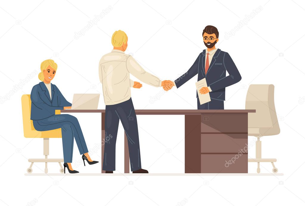 Work meeting, interviewing company director with candidate for vacancy. Shaking hands with director and hiring an employee. Applicant found a job cartoon vector
