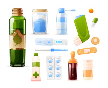 Tıbbi tıbbi ambalaj hapları maketi. Eczane ilaçları. İlaç ilaçları, ilaç tedavileri, ilaç hapları şişeler vitaminler su toplayan tüp spreyler alçı taşıyıcıyı pipetler.