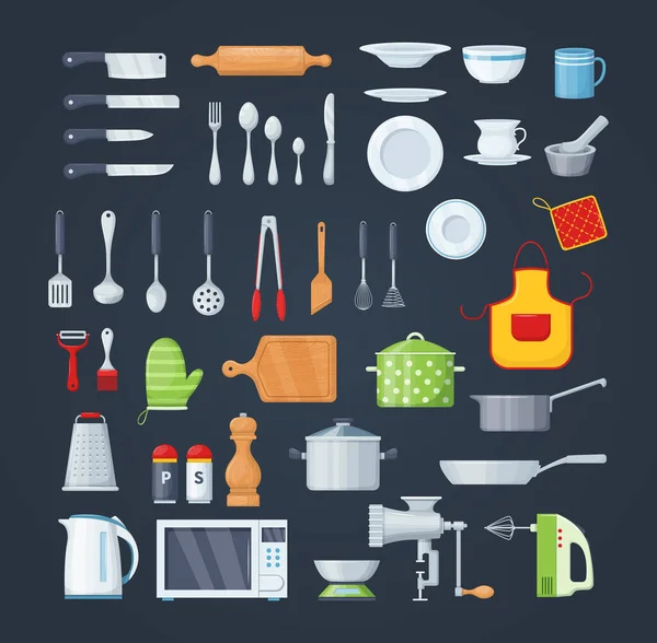 Huiskeukengerei Voor Het Koken Metalen Keramische Keukengerei Keukengerei Koken Objecten — Stockvector