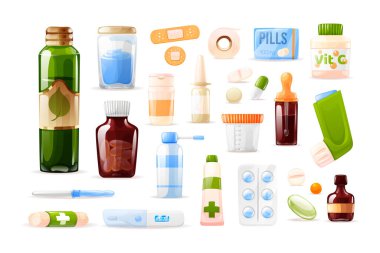 Tıbbi tıbbi ambalaj hapları maketi. Eczane ilaçları. İlaç ilaçları, ilaç tedavileri, ilaç hapları şişeler vitaminler su toplayan tüp spreyler alçı taşıyıcıyı pipetler.