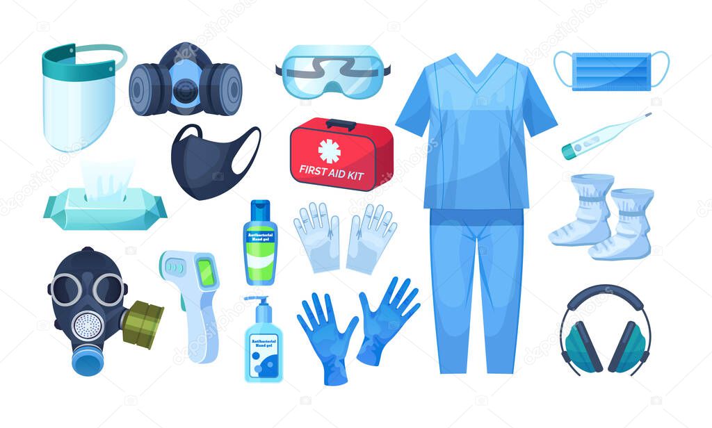 Medical personal protective equipment set. Safety medical respiratory mask, industrial safety mask, equipment from viral infection coronavirus, uniform, sanitizer, thermometer, first aid kit cartoon