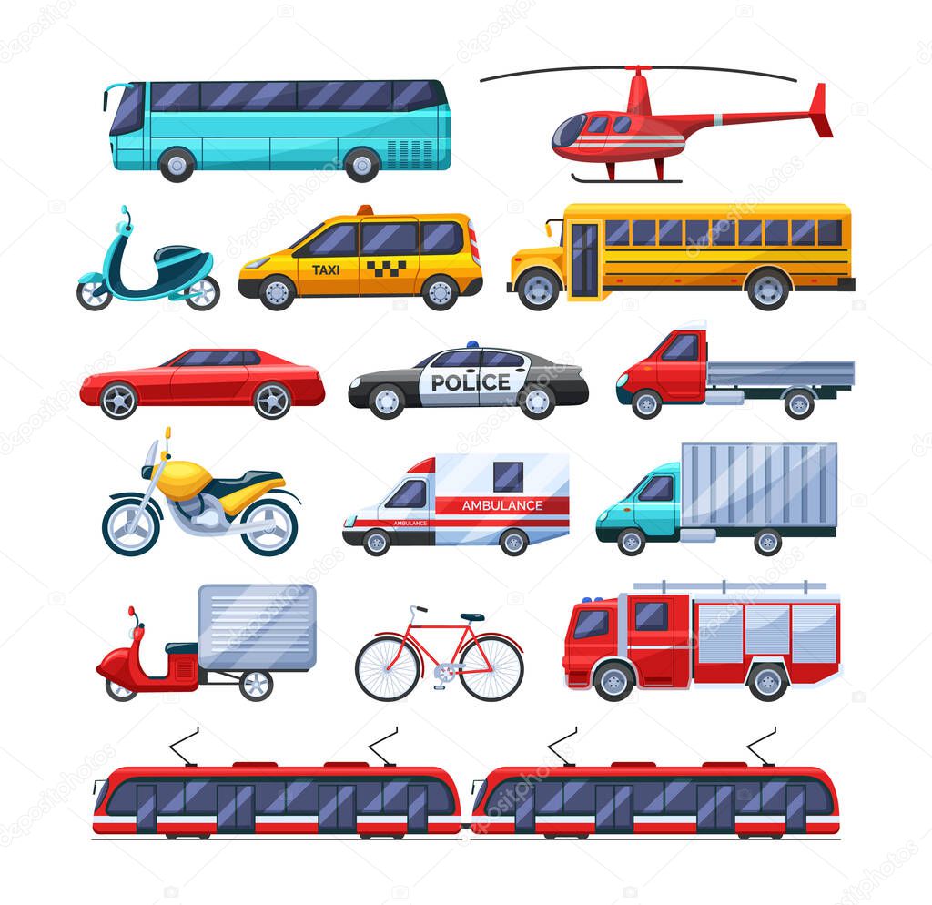 Urban transport set. Public transportable vehicle cars transport: trolleybus, scooter, bus, bicycle, ambulance fire-engine and police car, school bus, rescue service tram police motorcycle vector