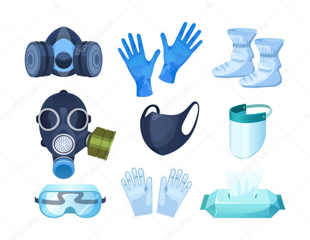 Medical personal protective equipment set. Safety medical respiratory mask, equipment from infection coronavirus, protective helmet respirator goggles protective fabric gloves shoes gas mask vector