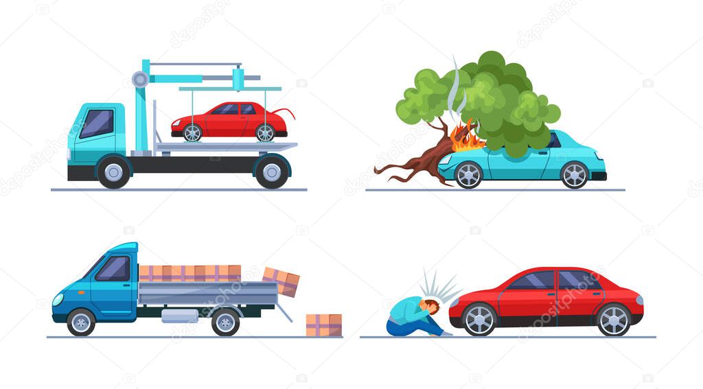 Road traffic accident. Car damaged vehicle transportation. Tow truck takes the car. Cargo spilled out of car. Collision hitting an man. Auto accident, motor vehicle crash cartoon vector