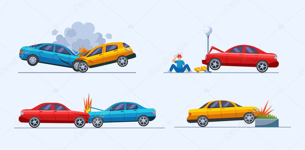 Road traffic accident. Car damaged vehicle transportation. Car crashed into pole. Cargo spilled out of car. Collision hitting an man. Auto accident, motor vehicle crash cartoon vector