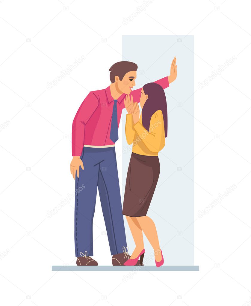 Situations of sexual harassment - employee in office man harasses woman blocks path holding her at edge of wall. Violence and coercion at work, abusive behavior, sexism discrimantion cartoon vector