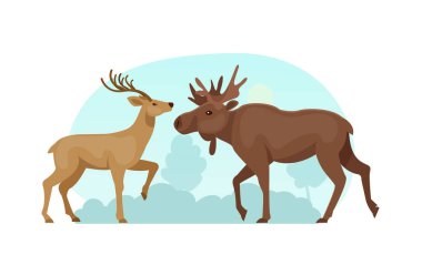 Orman hayvanları. Tatlı vahşi orman hayvanları geyik ve geyik yassı çizgi film taşıyıcısı