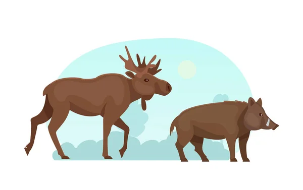 林地森林动物 可爱的森林动物鹿 猪平面卡通病媒 — 图库矢量图片