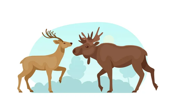 林地森林动物 可爱的森林动物麋鹿和鹿平卡通病媒 — 图库矢量图片