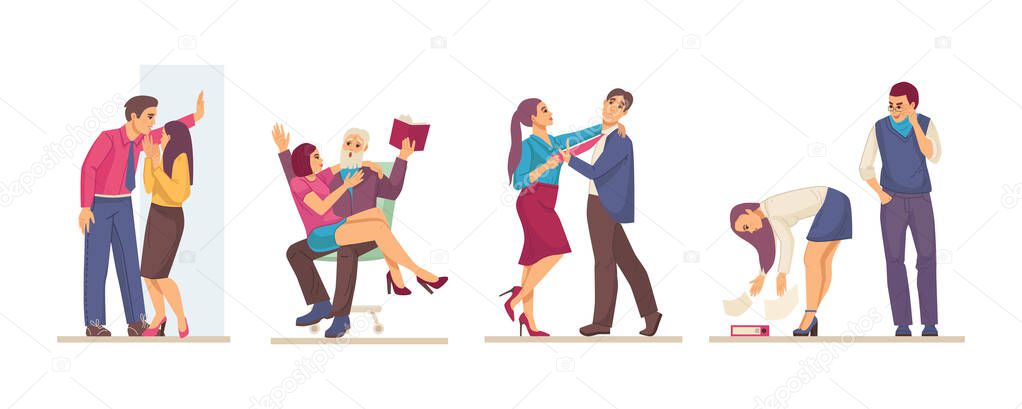 Sexual harassment, assault, abuse incident in office. Sexual harassment violence and bullying between female and man employee, boss and worker, sexism discrimination cartoon vector