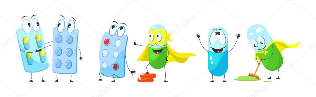 ?ute medical mascot pills character. Capsules, tablets in blister, pill, drugs smiling, juggling, running, reflecting viruses and bacteria, meeting. Pills superheroes in cloaks masks cartoon vector