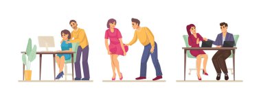 Cinsel taciz, saldırı, görevi kötüye kullanma. Cinsel taciz şiddeti ve kadın ve erkek arasında zorbalık, patron ve işçi, cinsiyet ayrımcılığı çizgi film vektörü