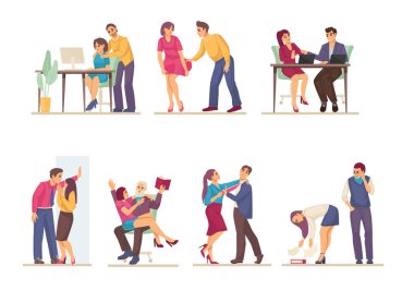 Cinsel taciz, saldırı, görevi kötüye kullanma. Cinsel taciz şiddeti ve kadın ve erkek arasında zorbalık, patron ve işçi, cinsiyet ayrımcılığı çizgi film vektörü