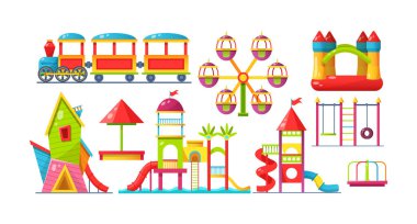 Çocuk parkı seti. Çocukların eğlence parkı, eğlence parkı, atlıkarınca, çocuk kaydırağı, tahterevalli tahtası, kum havuzu, labirentler, su oyun kompleksi, tren düz çizgi film vektörlü demiryolu.