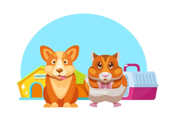 Funny Pet Shop Hamster Dog Cartoon Vector Illustration Cute Human — Stock Vector