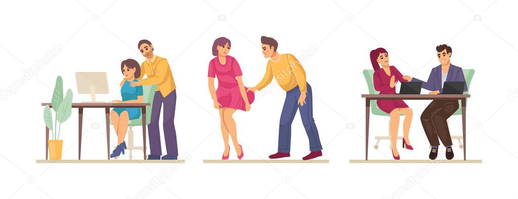 Sexual harassment, assault, abuse incident in office. Sexual harassment violence and bullying between female and man employee, boss and worker, sexism discrimination cartoon vector