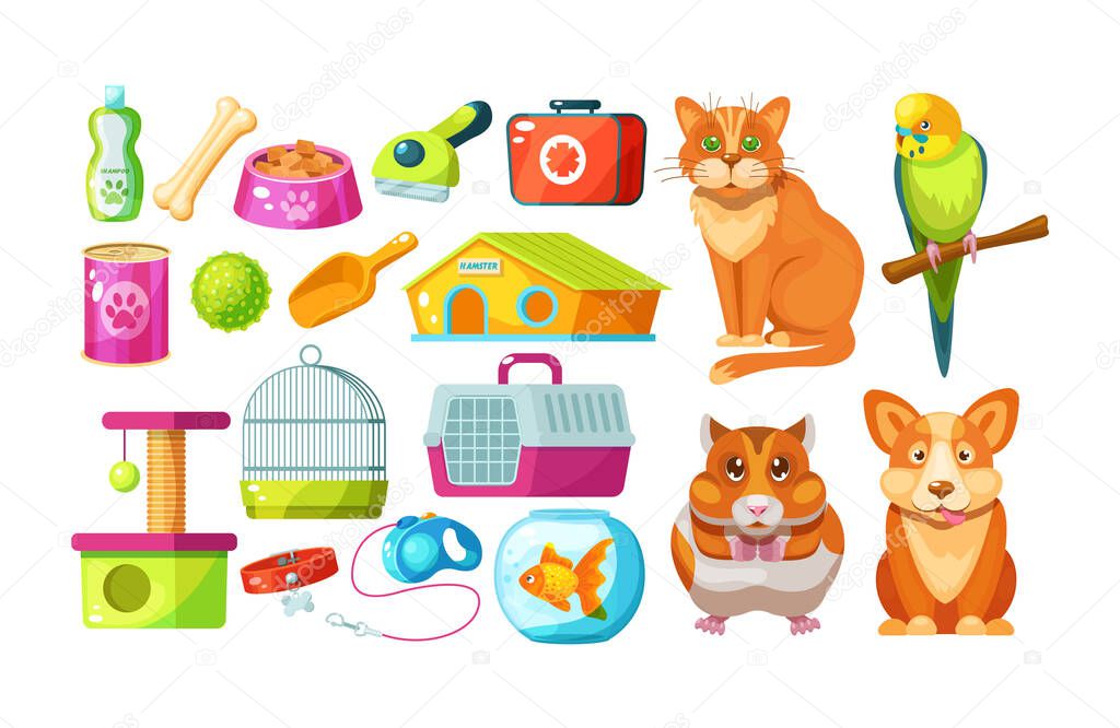 Animal food, accessories and toys domestic store. Pet shop supplies with parrot, hamster, cat, dog. Pet accessories: shampoo, bone, food, leash-collar, first-aid kit, aquarium with fish cartoon vector