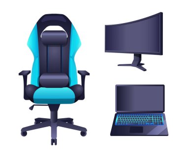Oyun aksesuarları ve profesyonel bilişim ekipmanları seti. Oyun koltuğu, modern monitör ve oyun için norepad. Ergonomik koltuk önü. Oyuncu aksesuarları ve ekipman vektörü