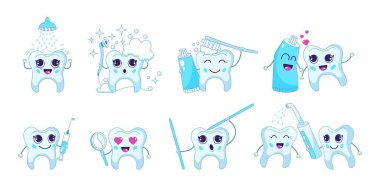 ?Çizgi film dişleri. Diş bakımı. Diş fırçası ve diş macunu olan dişleri olan karakterler diş maskotuyla ağız çalkalama, diş beyazlatma. Dişlerin önlenmesi ve tedavisi, sağlık dişleri vektör illüstrasyonu