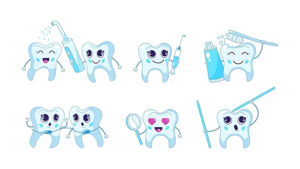 Мультяшний Зуб Стоматологічна Допомога Символи Зубів Зубною Щіткою Зубною Пастою — стоковий вектор
