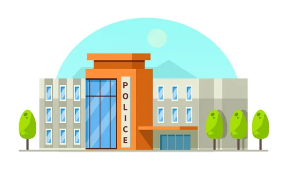 市警察局大楼和夏城轮廓为背景 卡通矢量图解 — 图库矢量图片
