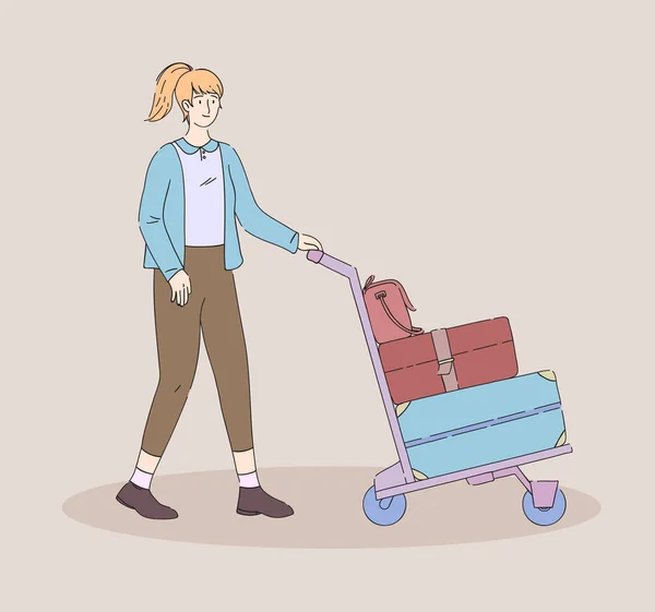 女の子トロリーに荷物を運ぶ 航空機の手荷物を持つ観光客 フラットラインベクトルイラスト — ストックベクタ
