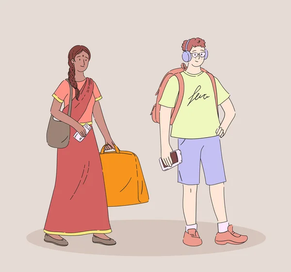 バックパック ヘッドフォンを備えた若い男と荷物とスーツケースを持つインドの女の子が搭乗券で立って 彼女のチケットコントロールを待っています 平面ベクトル — ストックベクタ