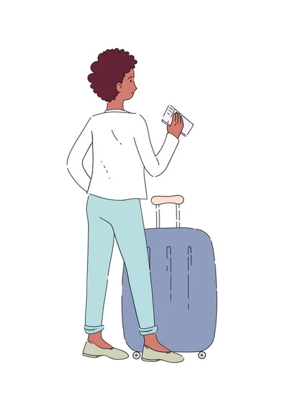 荷物のある暗い肌の少女と車輪の上のスーツケースは搭乗券で立っており 彼女のチケットコントロールを待っています 乗客は飛行機を待っている 空港出発エリア フラットラインベクトルイラスト — ストックベクタ