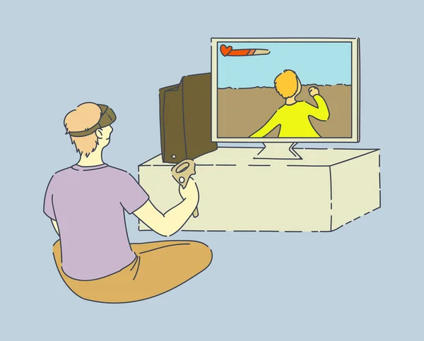 Realtà Virtuale Man Siede Occhiali Headset Con Joystick Davanti Alla — Vettoriale Stock