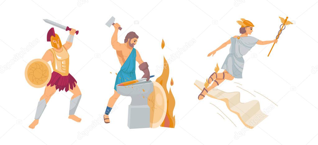 Pantheon of ancient Greek gods. Ancient Greece Gods Hephaestus, Zeus, Ares. Patrons of fire and crafts, war, sky, thunder and lightning, cartoon vector illustration