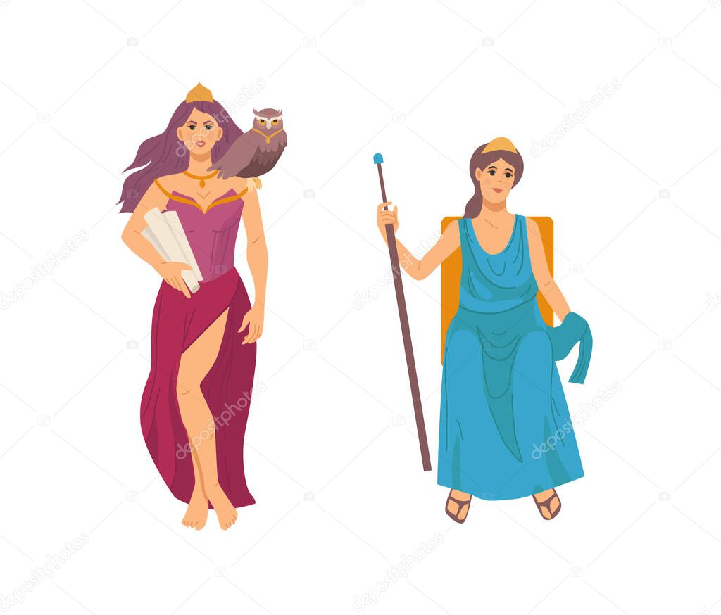 Pantheon of ancient Greek gods. Ancient female Greece Gods Athena and Hera. Hera, patroness of marriage and conjugal love. Athena, the goddess of wisdom cartoon vector illustration