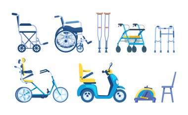 Kısıtlı yetenekleri olan, engelli, engelli ve yaşlılar için ortopedik aksesuarlar. Ortopedik ekipman bastonu yürüyenleri koltuk değnekleri tekerlekli sandalye scooter bisiklet pedalı vektörü
