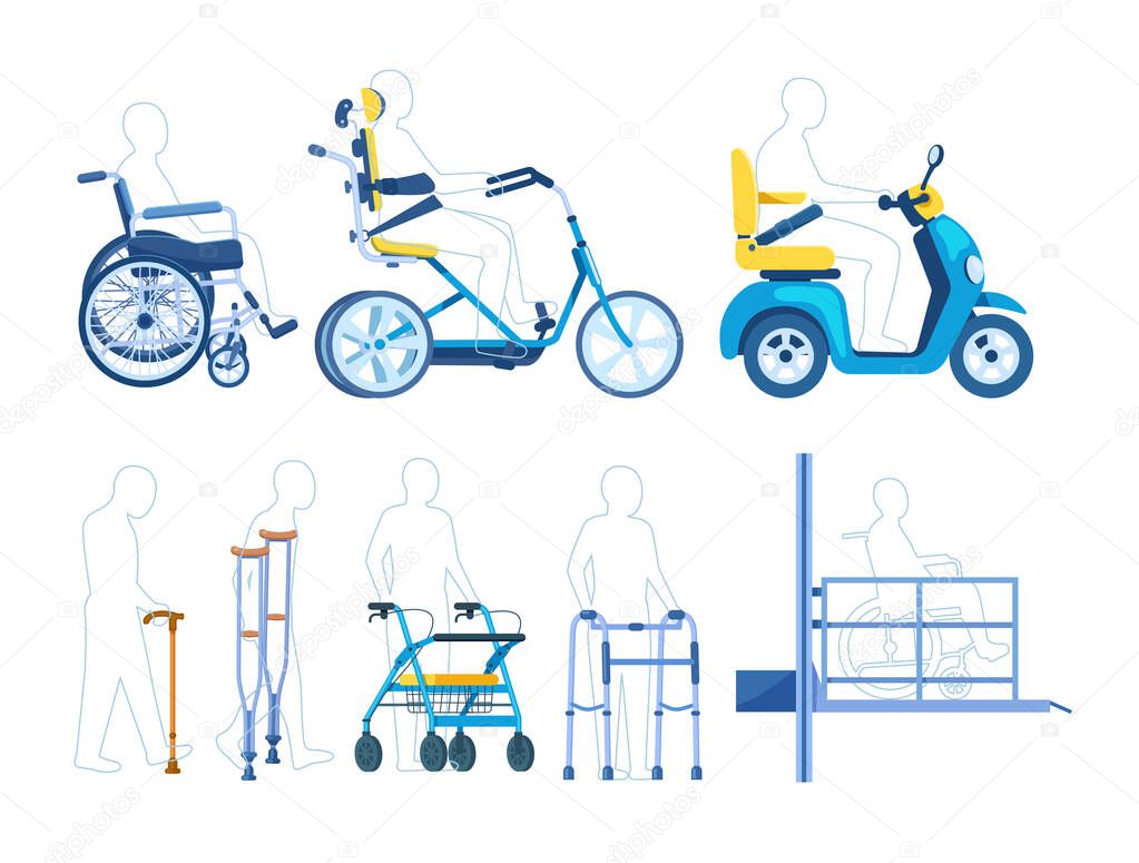 Orthopedic accessories for people with restricted abilities handicapped disabled people elderly. Orthopedic equipment cane crutches walkers wheelchair scooter bicycle lift for disabled people vector