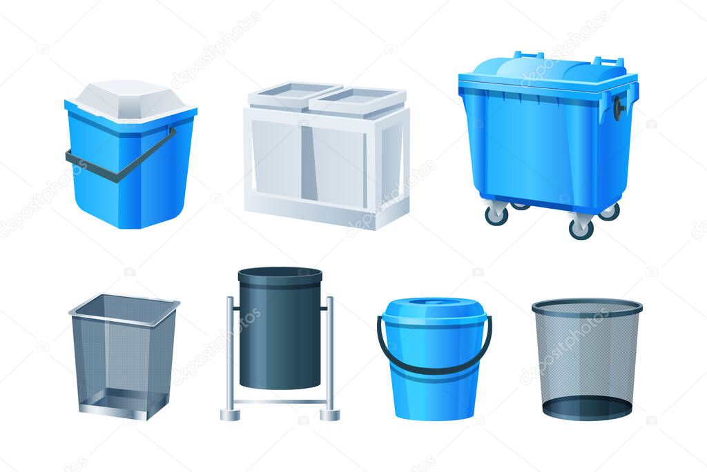 Waste bins, basket, trash can and dustbin set. Metal plastic garbage containers. Waste bins with lids, bucket with pedal, office baskets, urns, garbage bags, containers. Waste sorting recycling vector