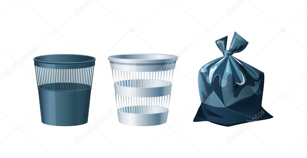 ?ffice mesh metal and plastic bucket and trash bags. Waste sorting and recycling vector illustration