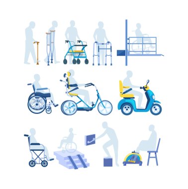 Kısıtlı yetenekleri olan, engelli, engelli ve yaşlılar için ortopedik aksesuarlar. Ortopedik ekipman bastonu yürüyenleri engelli insanlar için tekerlekli sandalye scooter bisikletine bağlıyor
