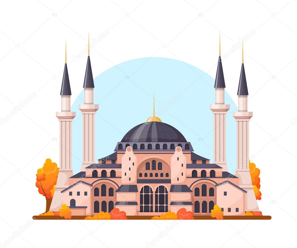 Turkey country buildings landmarks. Saint Sophie Cathedral Byzantine art monument. Istanbul travel destinations. Travel concept for Asia cartoon vector illustration